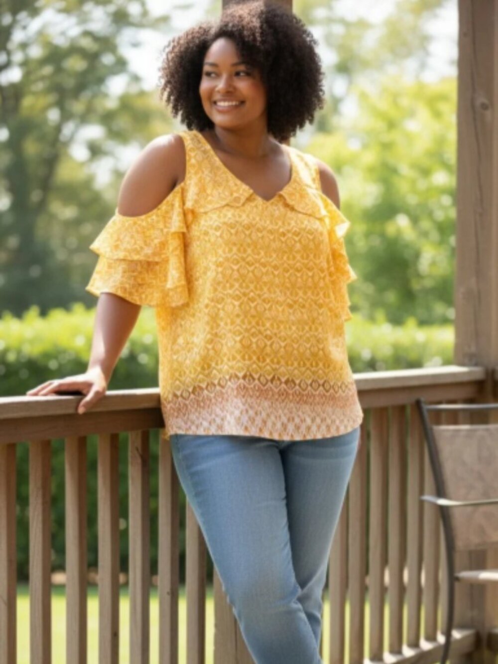 Avenue Top Sz 18 Yellow Cold Shoulder Blouse Ruffle Pullover Relaxed Shirt NWT